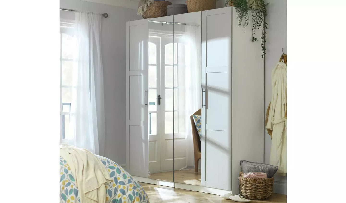 Habitat Munich Panelled 4 Door Mirror Wardrobe - Light Grey